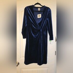 Anne Klein Deep Blue Velvet Long Sleeve Dress